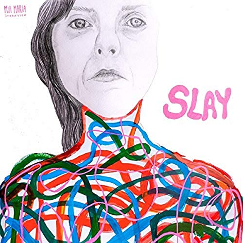 Hand-drawn portrait of a woman with colorful, tangled lines and the word "SLAY".