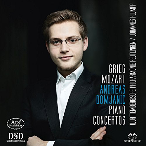 CD cover featuring a young man with glasses, text "Grieg/Mozart Piano Concertos.