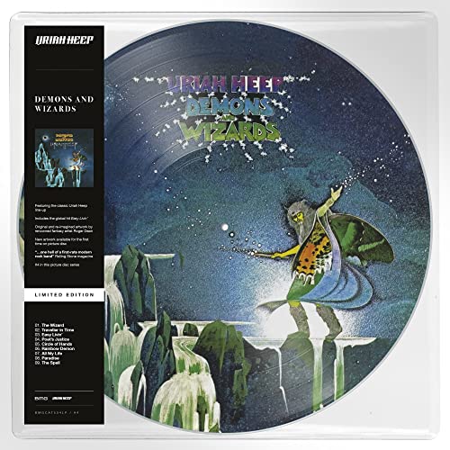 Uriah Heep’s “Demons and Wizards” limited edition vinyl record with fantasy artwork.