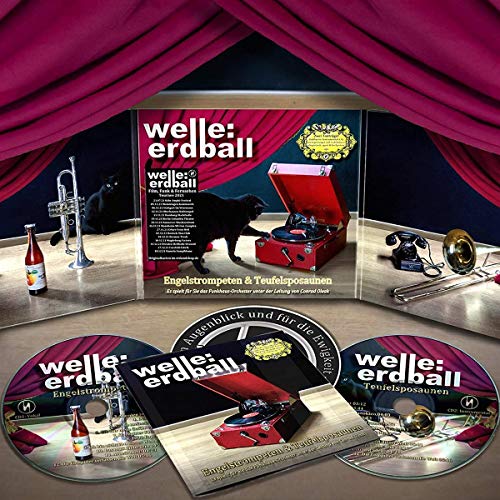 Two-CD set "Welle: Erdball" with a cat, gramophone, and brass instruments.