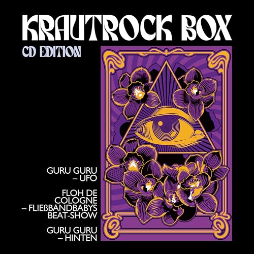 Krautrock Box CD cover: purple and black floral design with an eye.