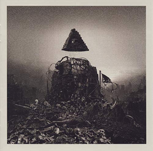 Black and white CD cover with an eye within a pyramid above ruins.