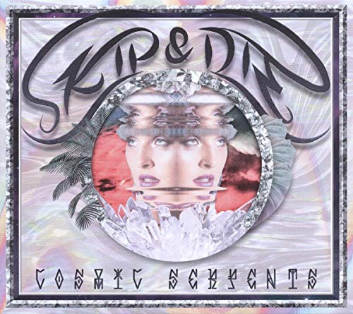 Album cover for Skip&die’s “Cosmic Serpents” featuring a mirrored face and crystals.