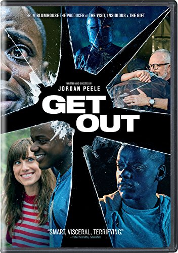 DVD cover for Get Out featuring fragmented images of characters andC and the title.