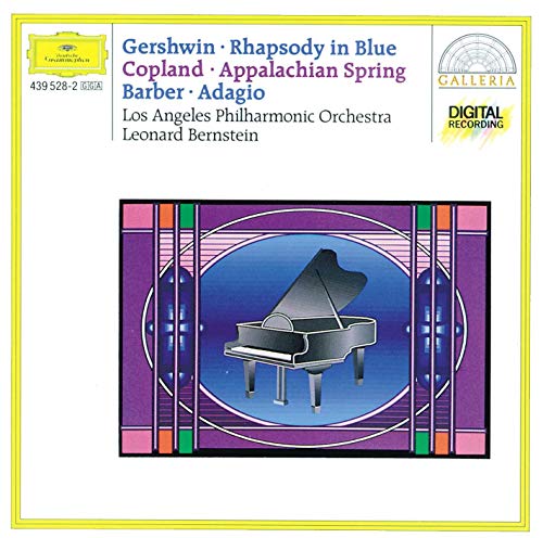 CD cover for Bernstein’s “Rhapsody in Blue” featuring a piano illustration.