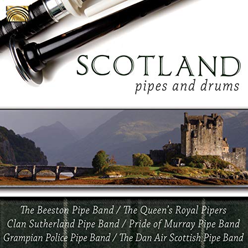 CD cover featuring bagpipes, Scottish landscape, and castle imagery.