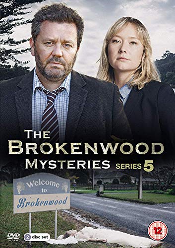 DVD cover for The Brokenwood Mysteries Series 5 featuring two detectives and a crime scene.