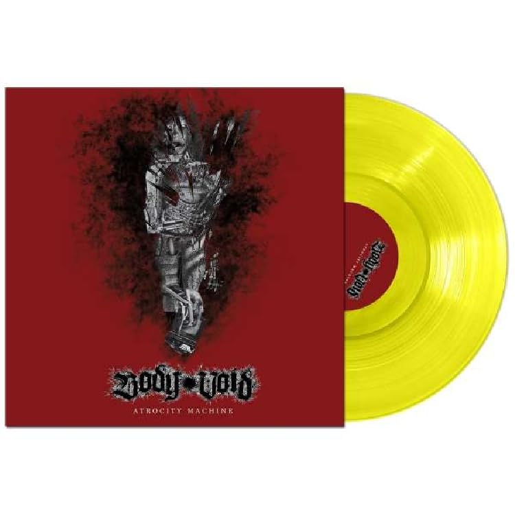 Yellow vinyl record with red album cover featuring a skeletal figure.