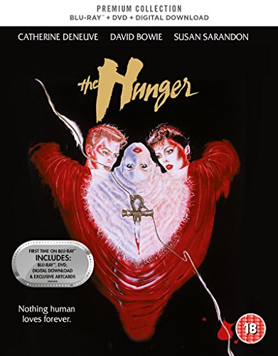 Blu-ray cover art for The Hunger featuring Catherine Deneuve, David Bowie, and Susan Sarandon.