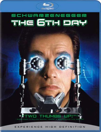 Blu-ray cover for "The 6th Day" featuring Arnold Schwarzenegger with robotic devices.