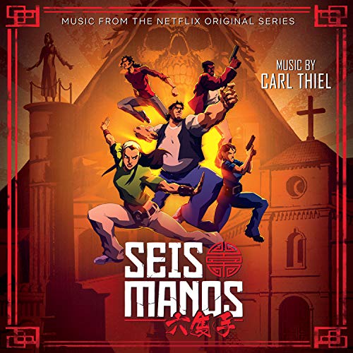 CD cover for “Seis Manos” soundtrack featuring animated characters and a church.