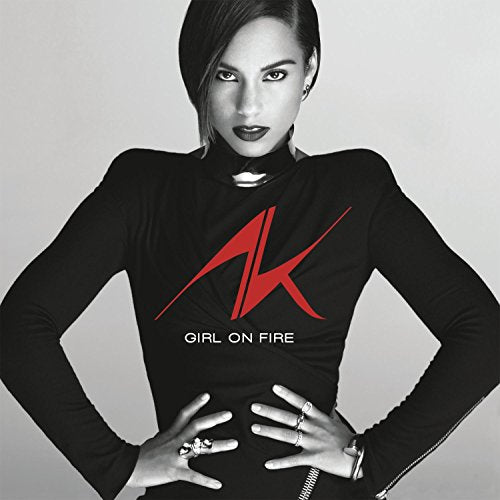 Alicia Keys album cover, black and white with red "AK" logo.