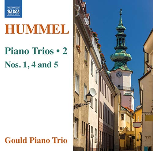 CD cover for Hummel piano trios featuring a European town scene.