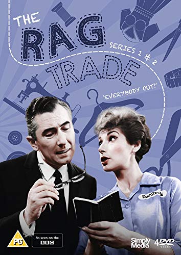DVD cover for "The Rag Trade" series 1 & 2, featuring two actors.