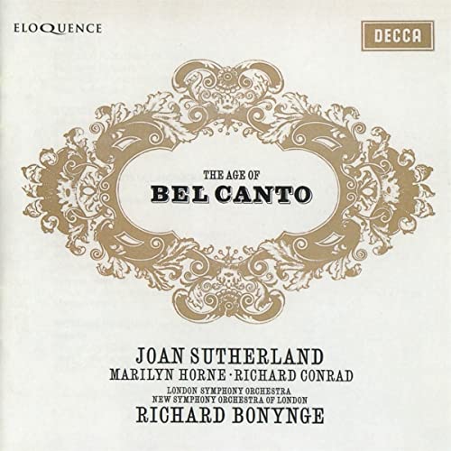 CD cover for Joan Sutherlandās āThe Age of Bel Cantoā with gold filigree.