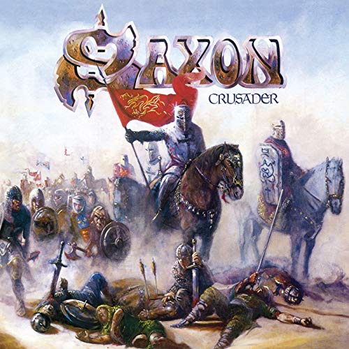 Album cover for Saxon’s “Crusader” depicting medieval knights and battle scene.