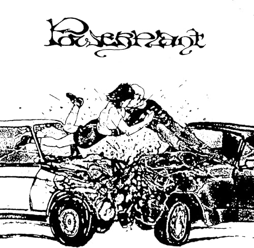 Black and white sketch of people embracing amidst wrecked cars.