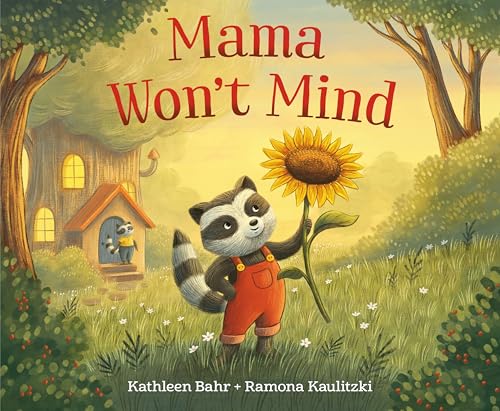 Children’s book cover: raccoon with sunflower in front of a house.
