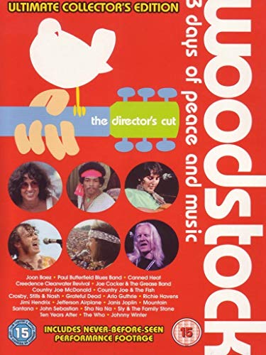 DVD cover for Woodstock featuring a guitar, bird illustration, and circular portraits of performers.