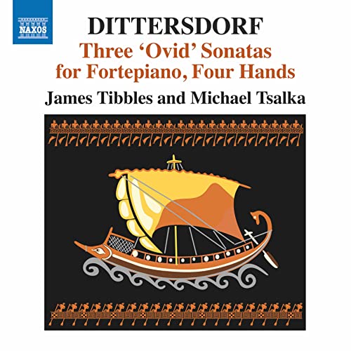 CD cover: Dittersdorf’s ‘Ovid’ Sonatas, featuring a golden ship illustration.