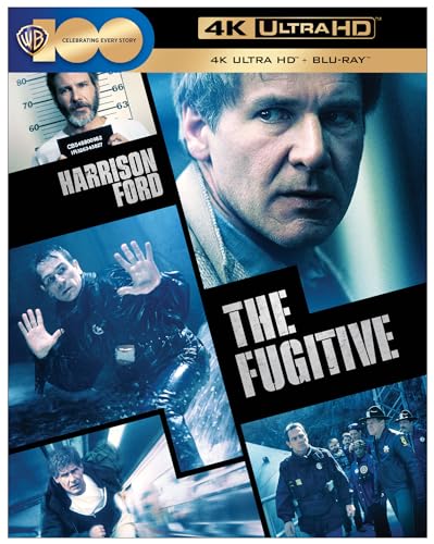 Blu-ray cover for "The Fugitive" featuring Harrison Ford and action scenes.