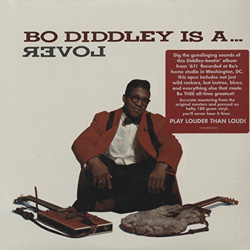 Bo Diddley album cover featuring the musician with guitars.