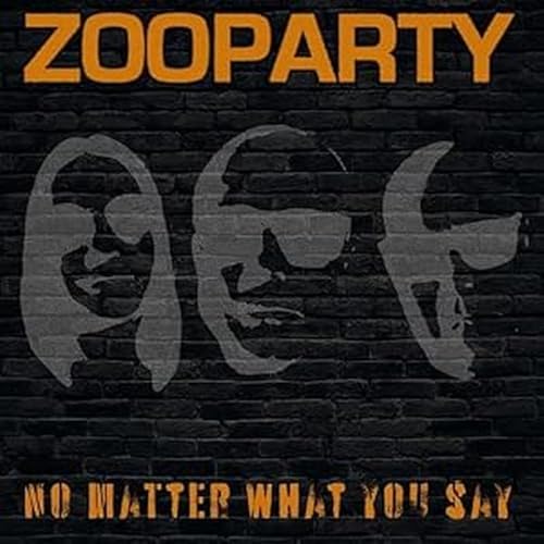 Vinyl cover with orange text over three grey stylized face silhouettes on a brick wall.