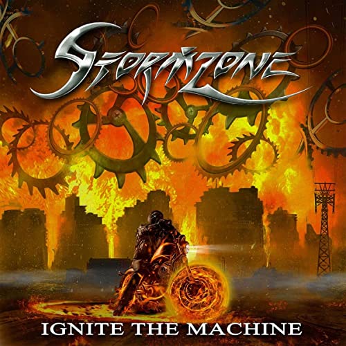 “Stormzone - Ignite The Machine” CD cover with fiery, mechanical imagery.