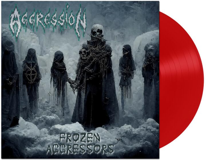 Album cover: skeletal figures in dark robes, red vinyl record shown.