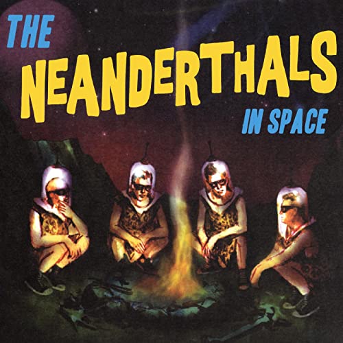 Four space-suited Neanderthals sit around a campfire under a nebula.