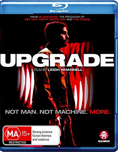Upgrade" Blu-ray cover featuring a man’s silhouette against red lines.