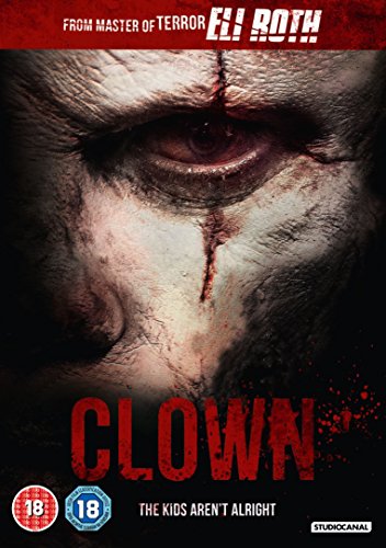 Close-up of a menacing clown face with stitched seams and blood.