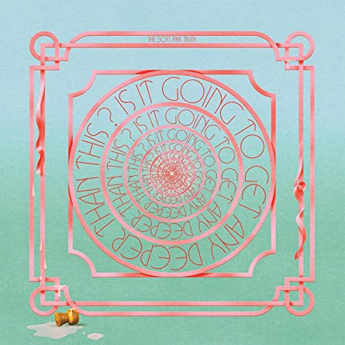 Pink album cover with spiraling text and a geometric frame.