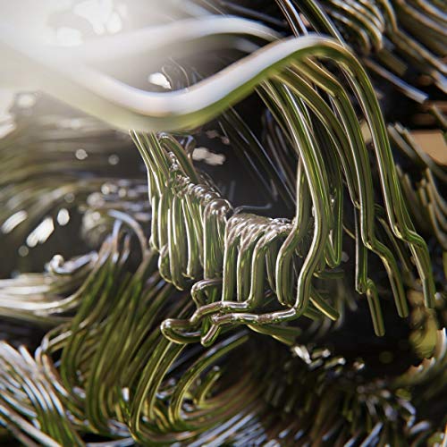 Abstract silver metallic shapes resembling flowing liquid or neural pathways.