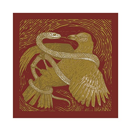 Golden illustration of an eagle entwined with a snake on red background.