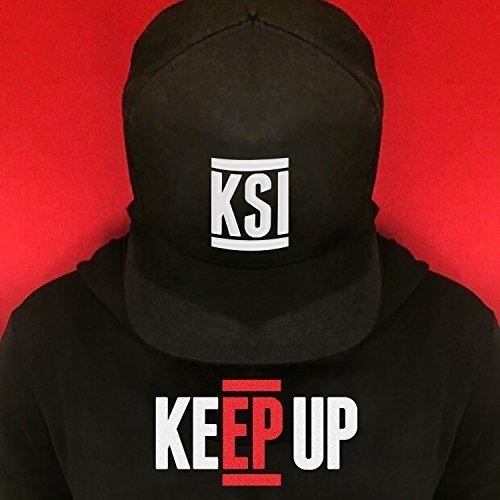 Person wearing a black cap and hoodie with "KSI" and "KEEP UP" logos.