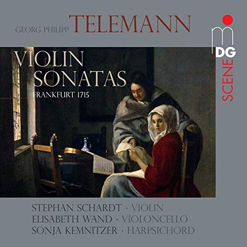 CD cover: painting of two women, text āTelemann Violin Sonatasā, and artist names.
