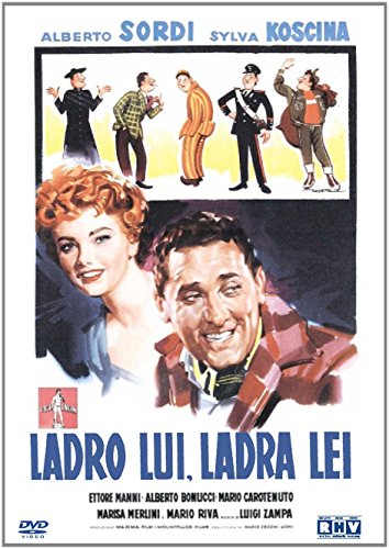 Italian movie poster featuring illustrated figures and two smiling actors.