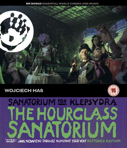 Blu-ray cover for "The Hourglass Sanatorium," featuring a surreal, theatrical scene.