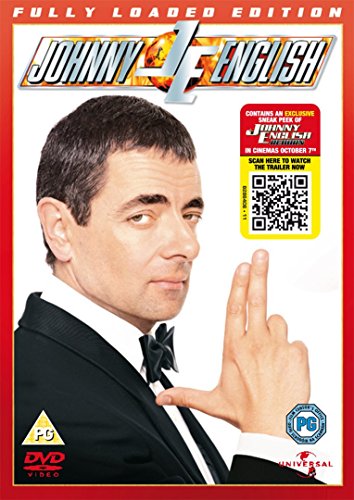 DVD cover for "Johnny English" featuring Rowan Atkinson as a spy.
