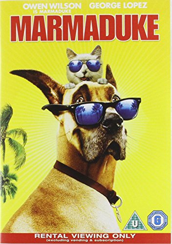 Marmaduke" DVD cover featuring a Great Dane and a cat wearing sunglasses.