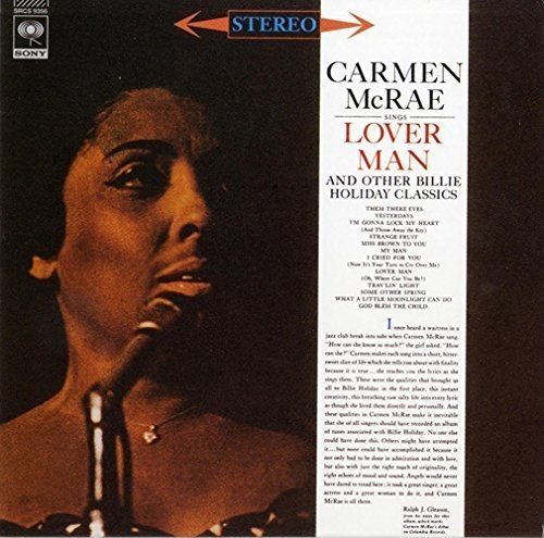 CD cover featuring Carmen McRae singing Billie Holiday songs, portrait.