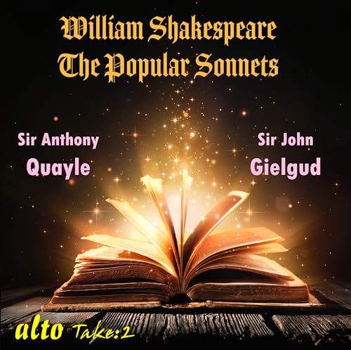 CD cover: open book with glowing light, Shakespeare’s sonnets, Quayle & Gielgud.