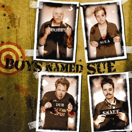 CD cover for “Boys Named Sue” featuring four men in mugshot style.