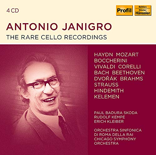 CD cover featuring cellist Antonio Janigro in a portrait, with composer names.