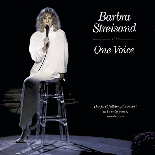 Barbra Streisand sitting on a stool holding a microphone against a black background.