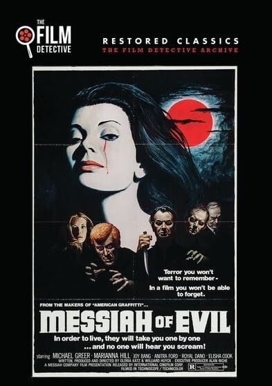 DVD cover for horror film "Messiah Of Evil" with a woman and red sun.