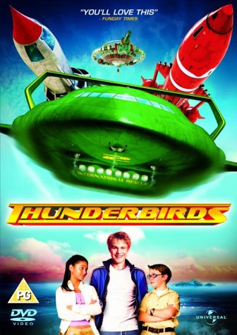 DVD cover for "Thunderbirds" featuring futuristic vehicles and young actors.
