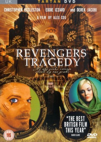 DVD cover for “Revengers Tragedy” featuring actors and a castle backdrop.