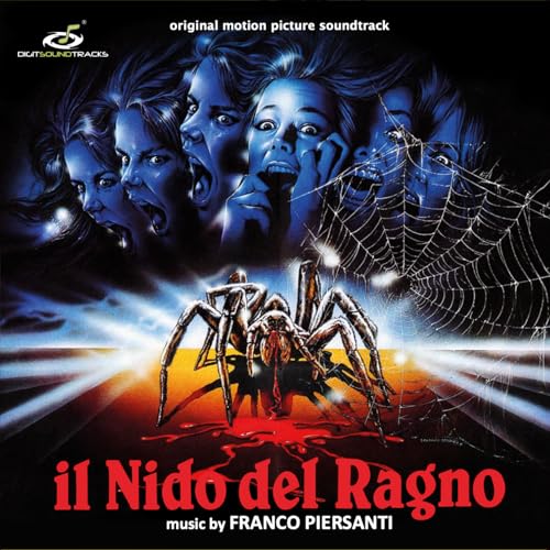 Horror movie poster with screaming faces, a spider, and a web.